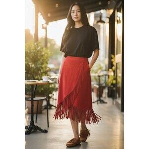 Chico Women's Size 3 XL MIdi Fringe Wrap Style Suede Leather Skirt